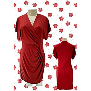 Evan Picone 10 Red Faux Wrap Detail Ruched Side Short Sleeve Above Knee Dress